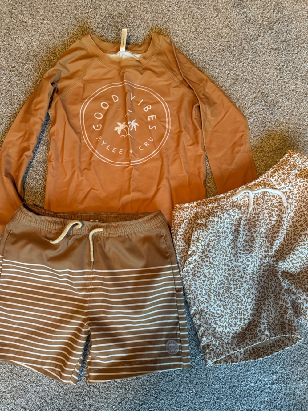 Rylee + Cru Brown 'Good Vibes' Kids Swim Set - Rust/Tan
